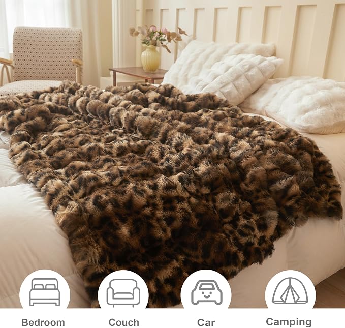 LIFEREVO Cheetah Print Faux Rabbit Fur Throw Blanket 60x80, Brown and Black | Leopard Print Soft Fluffy Bubble Throw for Bed Couch Sofa Office, Washable Skin-Friendly Cozy Furry Blanket for Home Decor