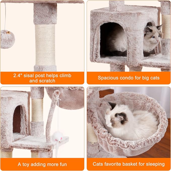 Heybly Cat Tree with Toy, 43.3 inch Cat Tower for Indoor Cats HCT004SMU | Cat Condo with Durable Sisal Scratching Posts, Cat House with Padded Plush Perch, Cozy Hammock, Rosy Brown