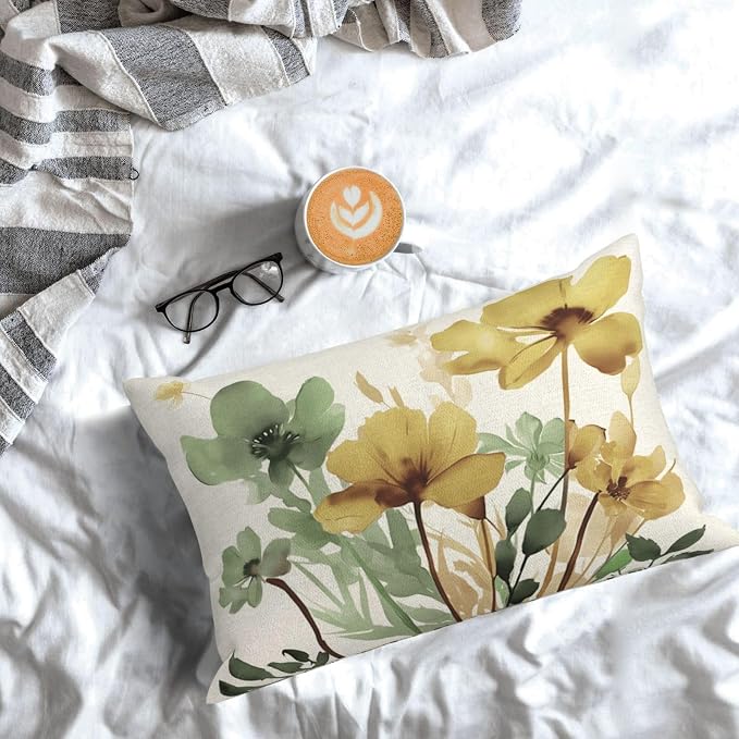 Floral Pillow Covers 12x20 Inch Set of 2 Sage Green Yellow Floral Throw Pillow Cover Outdoor Modern Spring Summer Flower Decor Pillowcase Farmhouse Decorative Lumbar Cushion Cover for Home Sofa