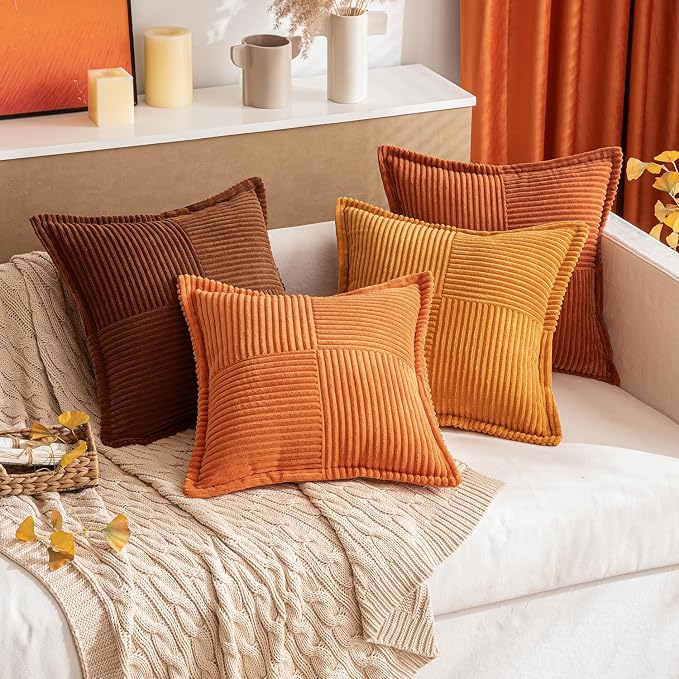 MIULEE Fall Burnt Orange Decorative Throw Pillow Covers for Couch 16x16 in | 2 Pack, Terracotta Boho Broadside Striped Patchwork Pillow Covers, Soft Corduroy Cushion Cases, For Sofa Bed Livingroom