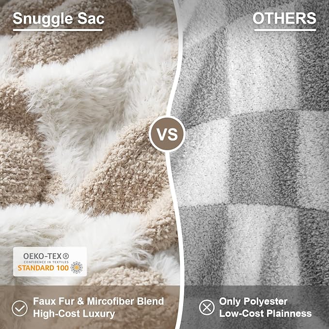Snuggle Sac Checkered Oversized Throw Blanket Faux Fur Microfiber Blankets for Couch,Cozy Soft Warm Throw XL for Sofa Bedroom Living Room,Beige Checker,50x70 inches