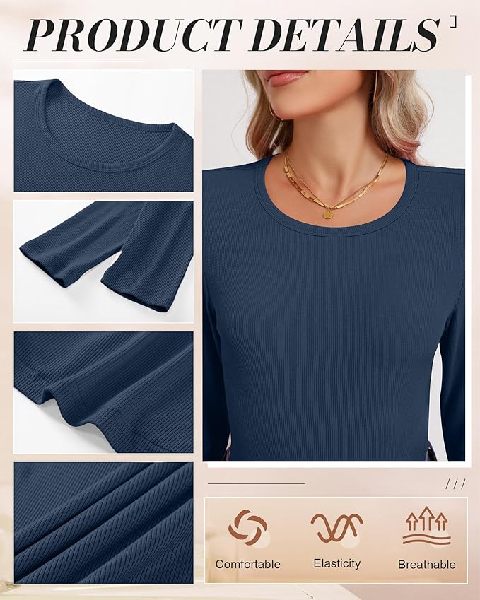 Ficerd 3 Pack Women's Ribbed Long Sleeve Tops, Crew Neck Slim Fit Undershirts Knit Basic Casual Stretch Layering Tee Shirts