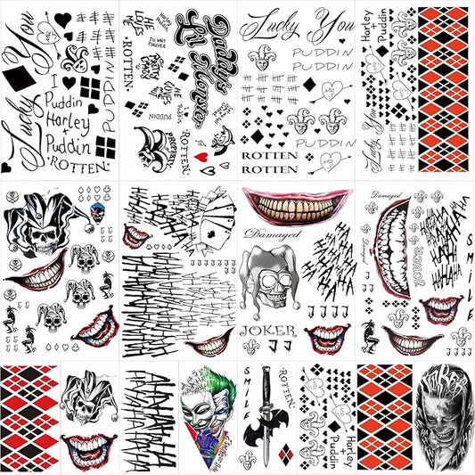 23 Sheets Halloween Joker Tattoos for Men Women Adults, Halloween Face Fake Temporary Tattoos, Halloween Snake Skull Bat Spider Scar Fake Tattoos Set for Halloween Cosplay Makeup Party Accessories