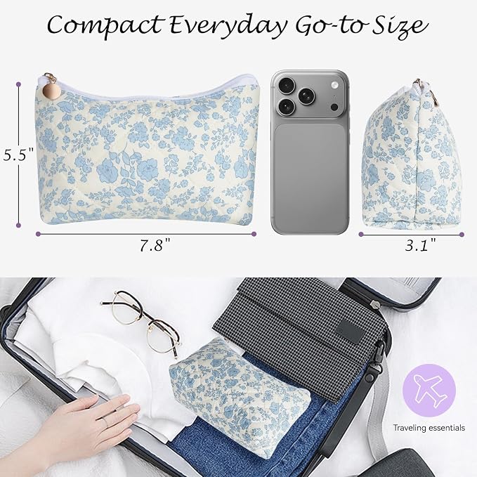 Quilted Cotton Makeup Bag, Coquette Quilted Toiletry Bag for Women and Girls, Floral Coquette Pouch, Cute Kawaii Travel Cosmetic Bags (Blue Floral)