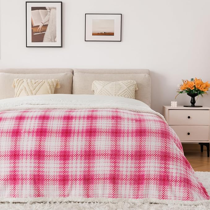 Sherpa Plaid Throw Blanket, 60" X 70" Fuzzy Fluffy Cozy Soft Blanket, Fleece Flannel Plush Twin Size Microfiber Blanket for Couch Bed Sofa, White&Pink