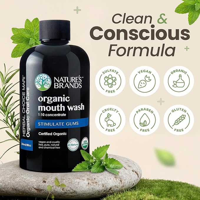 Nature's Brands - Herbal Choice Mari Organic Mouth Wash, 8 Oz, Peppermint Flavor - Tea Tree, Thyme & Fennel Oils for Fresh Breath & Healthy Gums - 1:10 Concentrated Mouthwash in BPA-Free Bottle