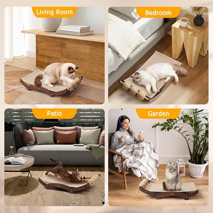 3 in 1 Sisal Cat Scratcher Bed, Solid Pine Cat Scratcher with Balls, Walnut | Extra Large Cat Scratching Post with Hammock, Cat Scratcher for Scratch & Play & Rest, Cat Furniture for Indoor Cats, Kitten