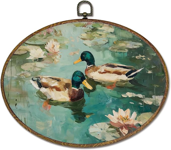 LKETW Vintage Mallard Duck Oval Wall Art Decor, Rustic Farmhouse Duck Oval Canvas Hanging Decor, Country Lakeside Floral Farm Animal Wall Decorations for Home Bedroom Living Room, 8.6x11.4 Inch