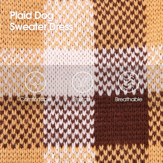 Dog Sweater Dress Plaid Knitwear for Small Medium Dogs Warm Puppy Pet Turtleneck Stretch Pullover Cute Fall Winter Vest Clothes with Leash Hole for Christmas (Coffee, XL)