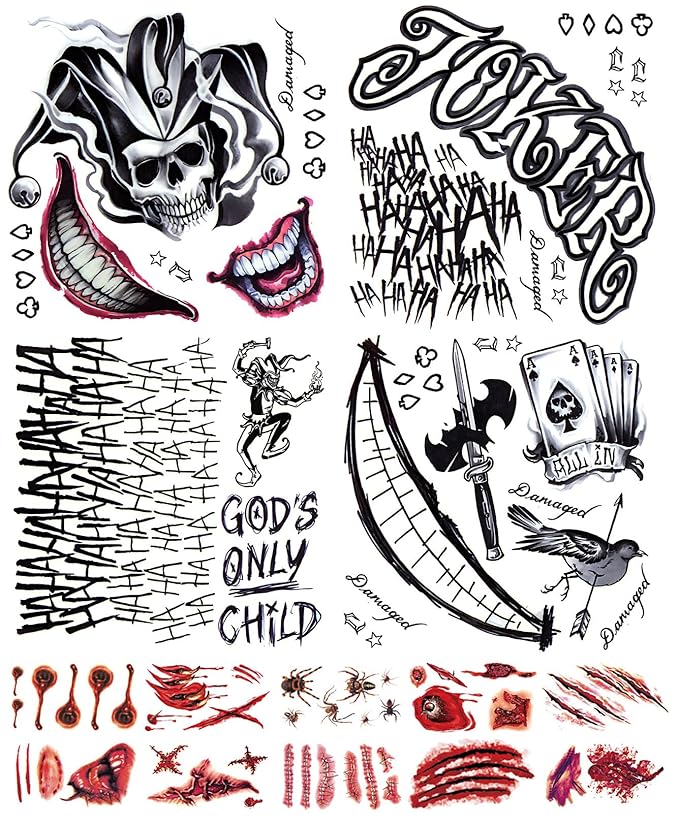 Joker Tattoos Temporary Halloween - 14 Sheets Temporary Tattoos for Kids Men Fake Tattoo Stickers Joker Costume Masquerade Cosplay Party Accessories Makeup Waterproof