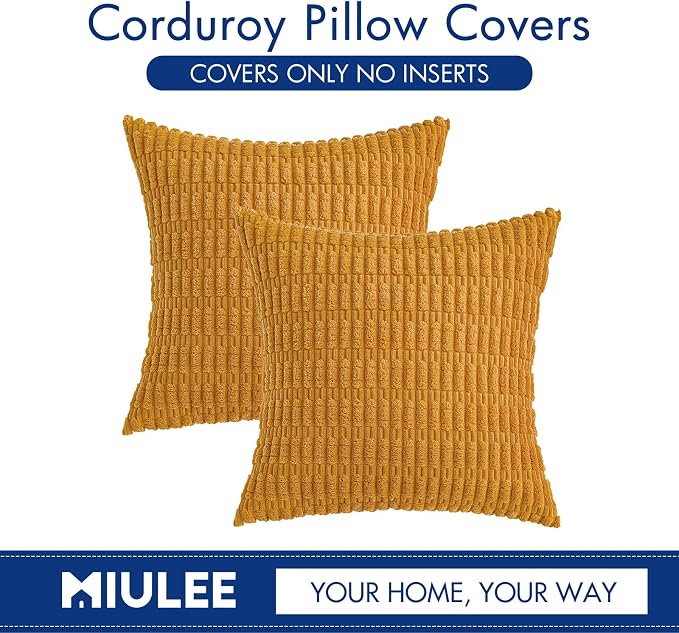 MIULEE Corduroy Decorative Throw Pillow Covers 20x20 Gold Yellow Pack of 2 | Soft Boho Striped Pillow Covers Modern Farmhouse Home Decor For Sofa Living Room Couch Bed
