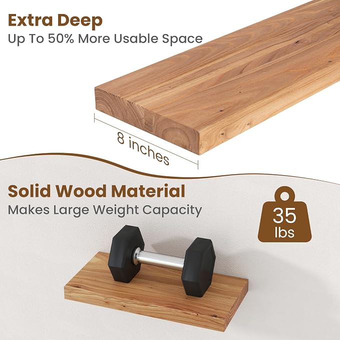 Floating Shelves for Wall Decor, 8" Deep Rustic Solid Elm Wood Floating Shelves Wall Mounted, Wall Shelves with Invisible Bracket for Living Room Bathroom Bedroom Kitchen, 16 Inch Set of 2, Natural