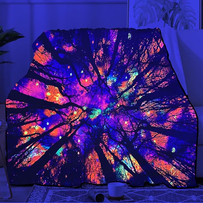Blacklight Galaxy Forest Throw Blankets UV Reactive Night Sky Throw Blanket Glow in the Dark Under Black Lights Game Room Decor Soft Throw Gifts 59x51 Inches