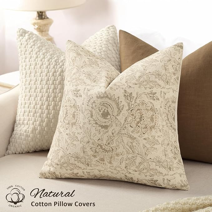 Vintage Floral Print Throw Pillow Covers 26x26 Set of 2 Neutral Modern Farmhouse Pillowcases Accent Decorative Cushion Covers Boho Home Decor for Couch Sofa Chair Bed Living Room, Natural Beige