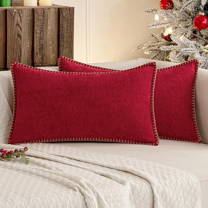 MIULEE Decorative Lumbar Throw Pillow Covers 12x20 Inch Red 2 Pack | Farmhouse Pillow Covers with Stitched Edge, Soft Chenille Cushion Cases, for Couch Sofa Bed Living Room Home Decor