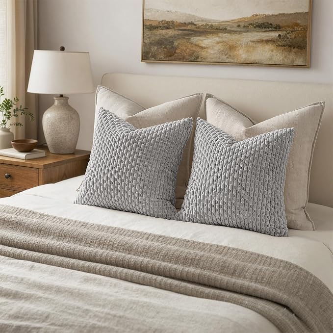 MIULEE Decorative Throw Pillow Covers 16x16 Light Grey Textured Corduroy | Pack of 2 Striped Pillow Covers Modern Farmhouse Home Decor for Couch Bed Sofa Living Room