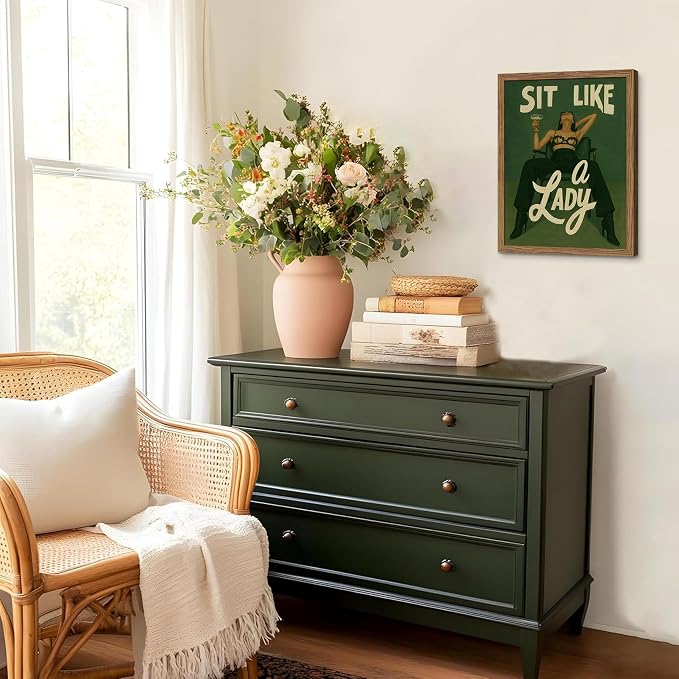 Framed Feminist Wall Art, Vintage Sit Like a Lady Green Wall Decor, Bold Girl Power Feminine Poster Print, Retro Empowering Female Canvas Painting Aesthetic for Bedroom Dorm 16x24 inch