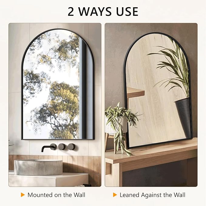 Arched Bathroom Mirror for Wall, 38" x 26" Metal Frame Vanity Mirror, Black | Aluminium Alloy Frame, HD Shatterproof Glass, for Bathroom Over Sink , Entryway, Bedroom, Living Room