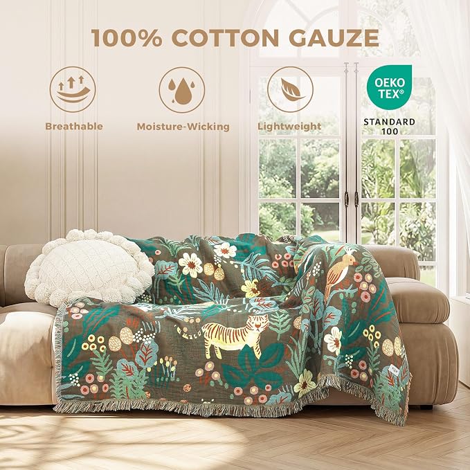 LUTBM Boho Throw Blanket for Bed Cotton Soft Lightweight Quilt Summer Blanket Twin Forest Tiger Embroidery Home Decor Breathable Bed Blankets,60"x80" All Season Throw for Sofa Couch Chair
