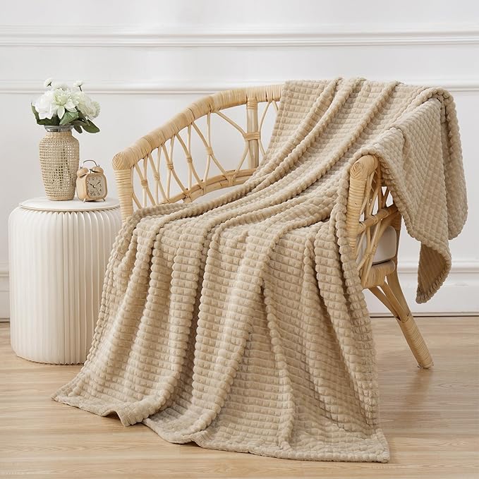 Puncuntex Fleece Throw Blanket Khaki 50"×60" with Square Grid Design | Super Soft Plush Cozy Flannel Throw Blanket Luxury for Couch Sofa Chair