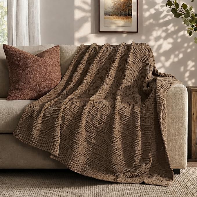 EVERGRACEHOME Modern Checkered Chenille Throw Blanket, 60x80, Camel Brown | Lightweight Warmth, All-Season Breathability, OEKO-TEX certified, Timeless Grid Pattern, Farmhouse Throw for Couch, Bed, Sofa