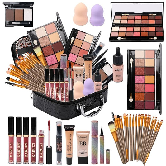 All in One Makeup Kit for Makeup storage bag 2X14 Colors Eyeshadow Palette Liquid Foundation Eyeliner Pencils Contouring Stick Lip Gloss 20Pcs Make up Brushes For Women Girls Teens (Black)