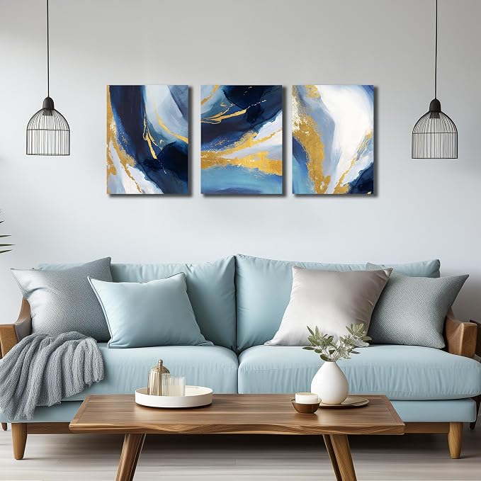 DNIEOTU Abstract Wall Art for Living Room, Blue White and Gold Canvas Wall-Decor for Bedroom, Picture Prints, Size 12 x 16 Inches 3-Pieces