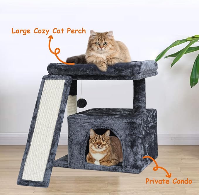 Small Cat Tree Tower for Indoor Use – Stable Condo with Scratching Post, Perch, Board, and Hideout for Kittens(Smoky Grey)