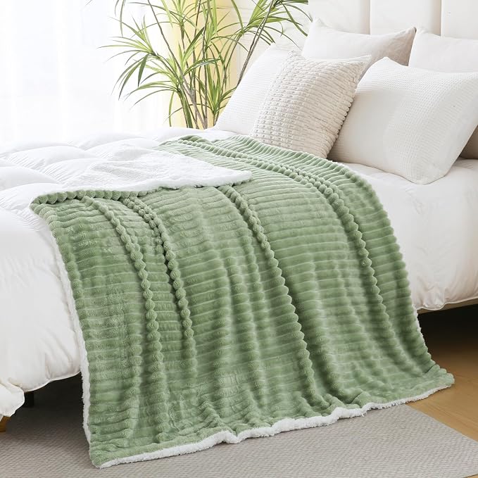 Sage Green Sherpa Fleece Throw Blanket 50”×60” for Couch Sofa Bed | Double Side Soft Fuzzy Cozy Plush Thick Flannel Blanket with Striped Design Gift for Adults,Woman