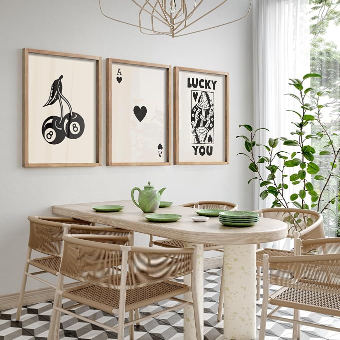 Heiple Framed Set of 3 Poker Wall Art Lucky You Poster, Trendy Retro Print Wall Decor for Queen of Hearts Wall Art Rustic Vintage Farmhouse Home Wall Decor（Brown 12"x16"）