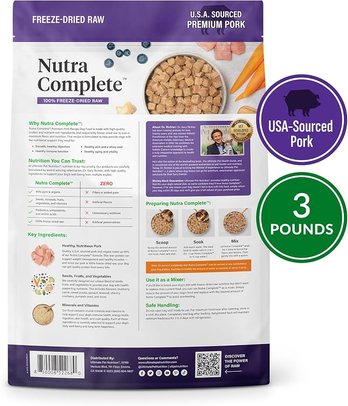 ULTIMATE PET NUTRITION Nutra Complete Freeze-Dried Raw Dog Food, Pork 3lb | Vet-formulated with antioxidants, prebiotics, & amino acids, full meal or topper for adult canines, all breeds & sizes