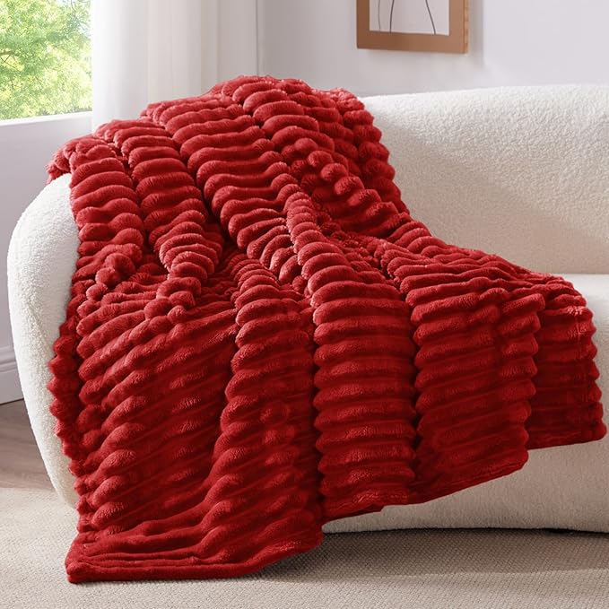 BEDELITE Striped Fleece Throw Blanket, Burgundy, 50"x60" | 300GSM Microfiber Fleece, Soft Cozy, Lightweight Warm, Double-Sided Plush, Machine Washable, Gift, Room Decor, for Couch Sofa