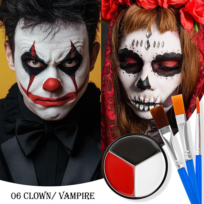 Black White Red Face & Body Paint - Blendable Facepaint Foundation with Sponge & Brush for Skin, Professional Halloween Face Make-up Kit for Zombie Clown Vampire Skeleton Skull Joker Costume