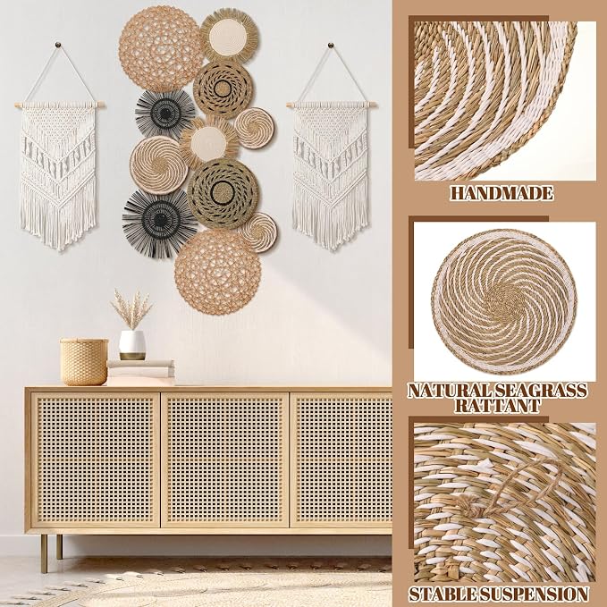 Tatuo 11 Pcs Boho Wall Basket Decor Bulrush Woven Wall Hanging Art Round Farmhouse Rustic Handmade Wicker for Summer Home, Bedroom, Living Room, Kitchen Decorations, Multi Sizes(Flower)