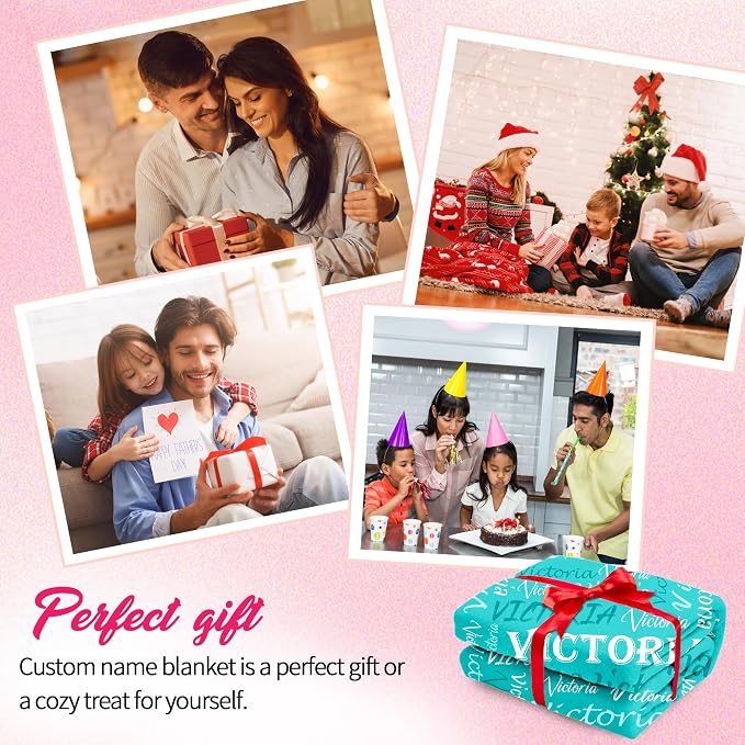 Personalized Cyan Theme Light Soft Flannel Fleece Throw Blanket with Name, Customized Gift for Men, Women, Boys, Girls, Kids