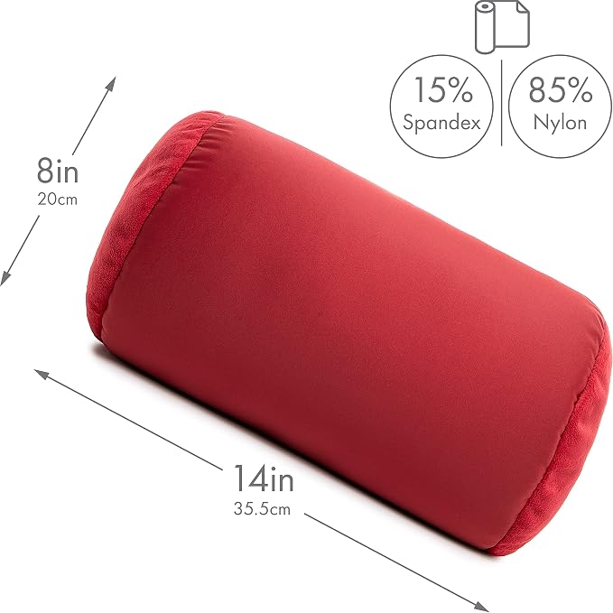 PILLOWY Microbead Bolster Neck Roll Pillow, Gently On Body, Head, Neck & Shoulders No Pain Rest, Relax Sleep - Silky Feel Prevent Wrinkles & Hair Breakage - Lightweight Cylinder, 14" x 8", Deep Red