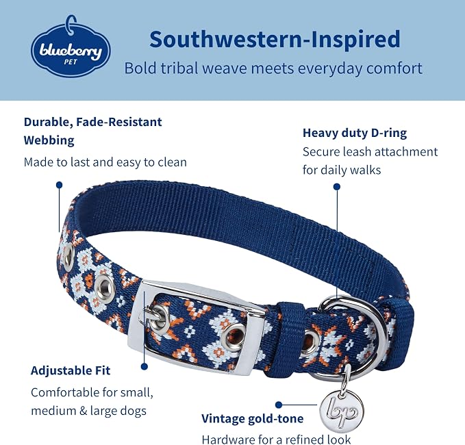 Blueberry Pet Southwestern Modern Tribal Print Navy Braided Adjustable Dog Collar with Metal Buckle, Neck 13-16.5", for Medium Breed