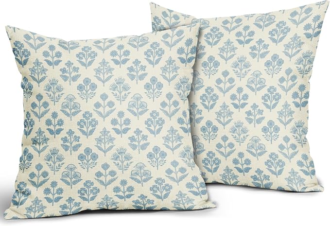 Light Blue Floral Pillow Covers 16x16 Inch Set of 2, Vintage Flower Block Print Pattern Decorative Throw Pillowcases Outdoor Farmhouse Cushion Covers Spring Summer Rustic Sofa Couch Bed Decor