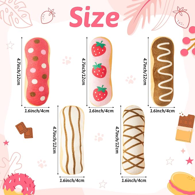 MALLMALL6 Eclair Catnip Toys for Cat - 5Pcs Chocolate Strawberry Dessert Catmint Interactive Toy Gift for Indoor Kitty, Biting Chew Kick Cats Supplies, Soft French Pastry Pet Present for Kitten Lover