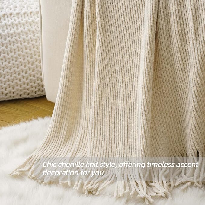 BATTILO HOME Beige Throw Blanket for Couch, 50"x60" | Soft Chenille Knit Blanket with Tassels for Home Decor, Neutral Beige Throws for Couch Cover