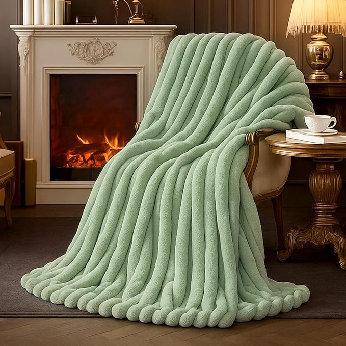 Faux Fur Throw Blanket for Couch, Cozy Fuzzy Fluffy Fur Luxurious Soft Striped Plush Gift Blankets for Family Sofa Chair Bedroom, 55"x70", Sage Green