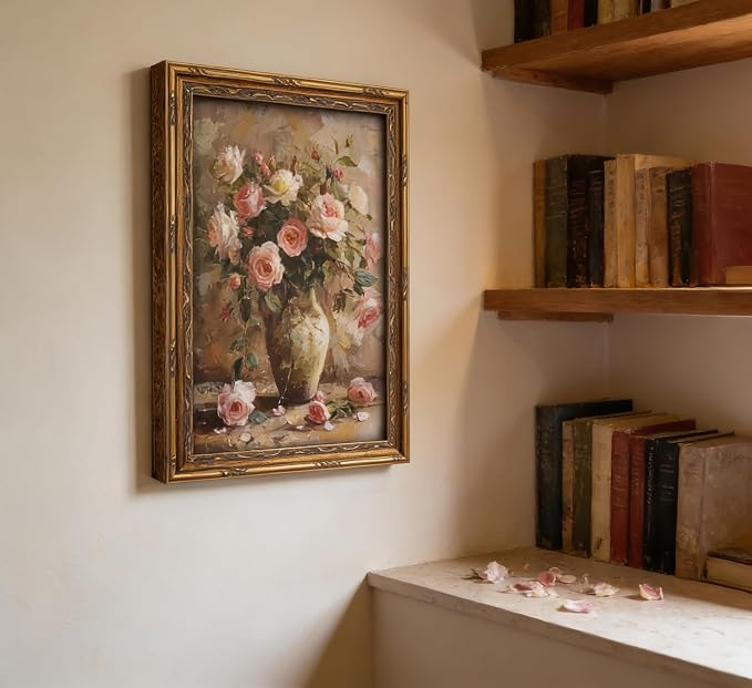Gold Framed Vintage Floral Canvas Wall Art French Country Painting Picture Wall Decor Vase Flower Arrangement Poster Print Artwork for Living Room Bedroom Bathroom Home Decoration