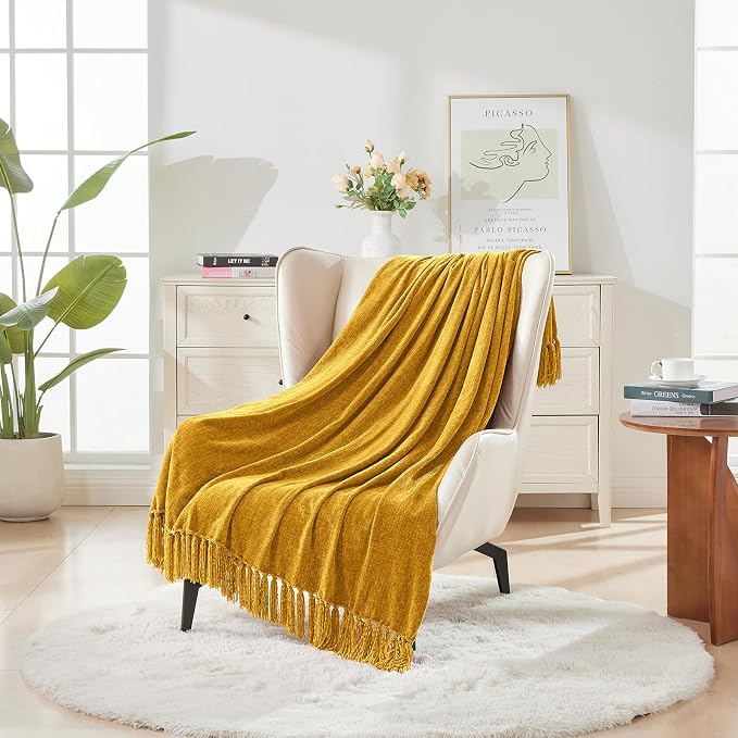 CozeCube Chenille Throw Blanket, Harvest Gold Fringe Blanket, 50"X60" | For Couch, Cozy Plush Fuzzy Decorative Blanket with Fringe Tassels, Lightweight Throws for Bed Sofa Gift Home Decor