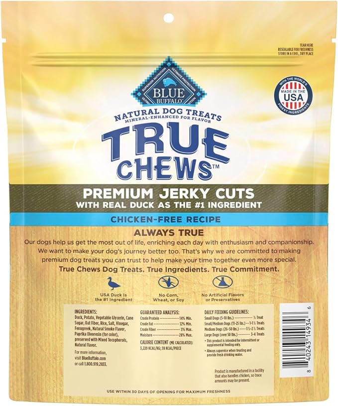 Blue Buffalo True Chews Premium Jerky Cuts Duck Dog Treats, 12 oz | Chicken-Free Recipe, Real Duck First, Made in the USA, No Artificial Preservatives