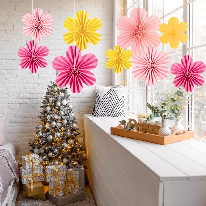 SUNBEAUTY Paper Flowers Decorations for Wall, Paper Flower Fan Classroom Decoration Paper Floral Backdrop Decor Paper Fans Decoration Hanging Paper Fans Pink Yellow Flower Wall Decor