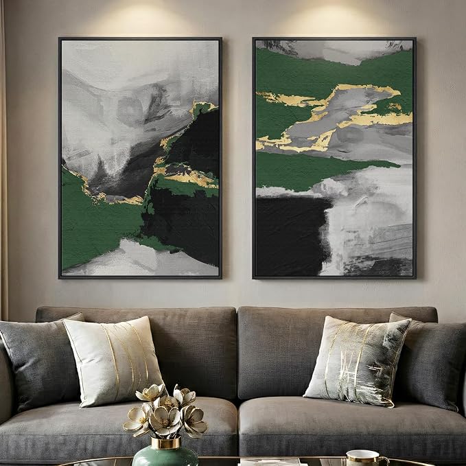 Large Framed Green Abstract Wall Art, 2 Piece Modern Canvas Prints Paintings, Black and Gray Pictures with Gold Accents for Living Room Hallway Dining Room Bedroom Office Wall Decor 24x36 In