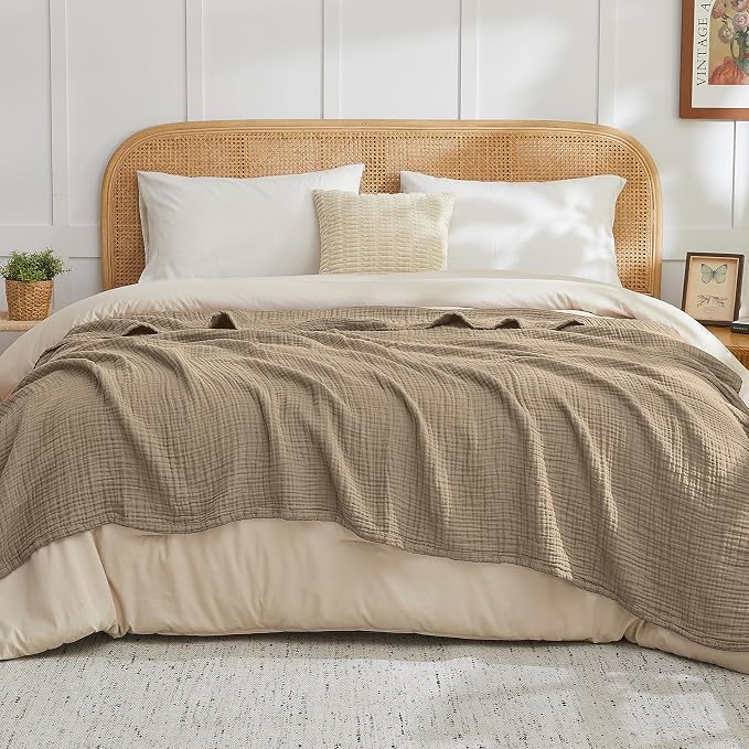 EMME Muslin Blankets for Adults Throw Blanket for Couch Breathable Gauze Soft Lightweight Airy Tan Queen 90" x 90"