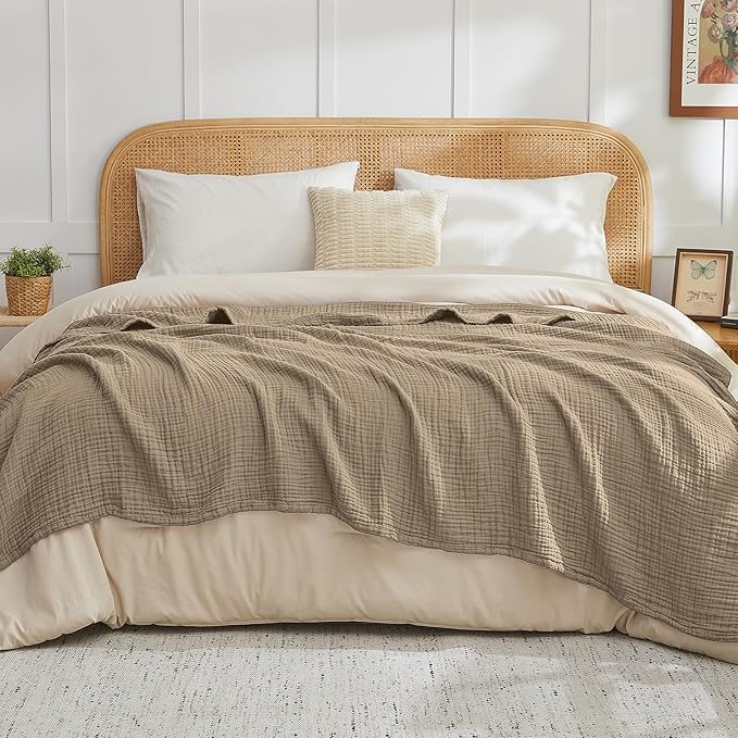 EMME Muslin Blankets for Adults Throw Blanket for Couch Breathable Gauze Soft Lightweight Airy Tan Throw 50" x 60"