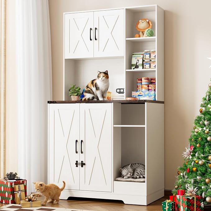 71Inches Tall Cat Litter Box Enclosure for Cats W/Power Outlets,Open Shelves.Wooden Pet Washroom Furniture W/Locks,Cabinet.Indoor Cats House,Hidden Cat Litter Box for Living Room,Bedroom(White-3)
