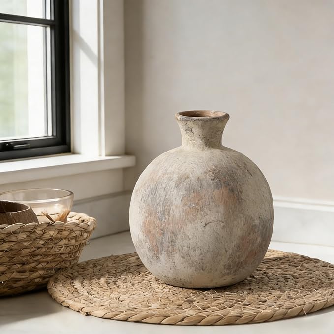 6.38" Ceramic Vase for Home Decor, Decorative Terracotta Farmhouse Rustic Vases for Living Room Kitchen Bedroom Bathroom Entryway Mantel Table, Pottery Vases for Grass Pampas Dried Fresh Flowers